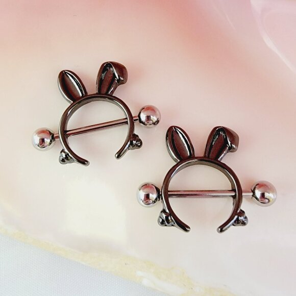 14G Black Bunny Rabbit Stainless Steel Nipple Shield piercing jewelry - Picture 1 of 5